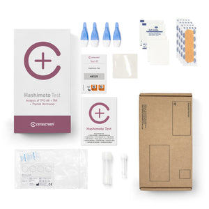 Inhalt des Hashimoto Testkits von cerascreen: Verpackung, Anleitung, Lanzetten, Plfaster, Probenröhrchen, Desinfektionstuch, Rücksendeumschlag