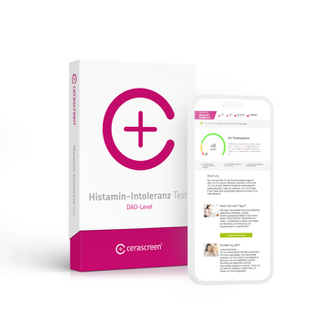 Verpackung des cerascreen Histamin-Intoleranz Tests und Smartphone-Display mit Vorschau des Testergebnisses