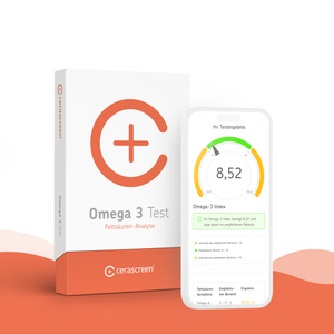 Verpackung des cerascreen Omega-3 Tests und Smartphone-Display mit Vorschau des Testergebnisses
