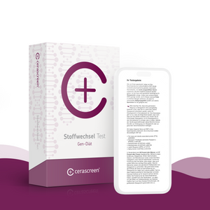 Verpackung des cerascreen DNA Stoffwechsel Tests und Smartphone-Display mit Vorschau des Testergebnisses