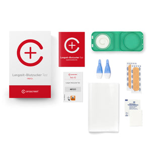 Inhalt des Langzeit-Blutzucker Testkits von cerascreen: Verpackung, Anleitung, Lanzetten, Plfaster, Trockenblutschatulle, Desinfektionstuch, Rücksendeumschlag