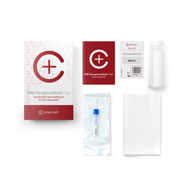 Inhalt des DNA Herzgesundheits Testkits von cerascreen: Verpackung, Anleitung, Tupfer, Probenröhrchen, Rücksendeumschlag