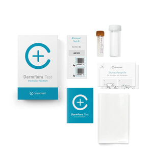 Inhalt des Darmflora Testkits von cerascreen: Verpackung, Anleitung, Stuhlauffanghilfe, Probenröhrchen, Rücksendeumschlag