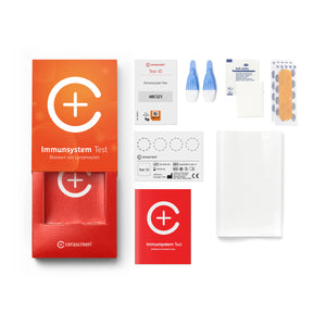 Inhalt des Immunsystem Testkits von cerascreen: Verpackung, Anleitung, Lanzetten, Plfaster, Trockenblutkarte, Desinfektionstuch, Rücksendeumschlag