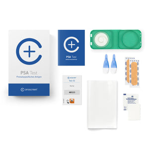 Inhalt des PSA Testkits von cerascreen: Verpackung, Anleitung, Lanzetten, Plfaster, Trockenblutschatulle, Desinfektionstuch, Rücksendeumschlag