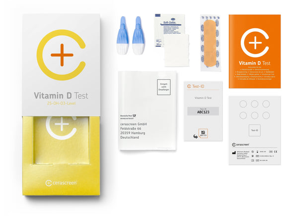 Inhalt des Vitamin D Testkits Doppelpackung von cerascreen: Verpackung, Anleitung, Lanzetten, Plfaster, Trockenblutkarte, Desinfektionstuch, Rücksendeumschlag