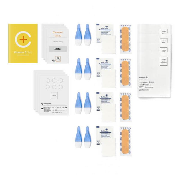 Inhalt des Vitamin D Vorteilspackung Testkits von cerascreen: Verpackung, Anleitung, Lanzetten, Plfaster, Trockenblutkarte, Desinfektionstuch, Rücksendeumschlag